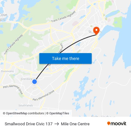 Smallwood Drive Civic 137 to Mile One Centre map