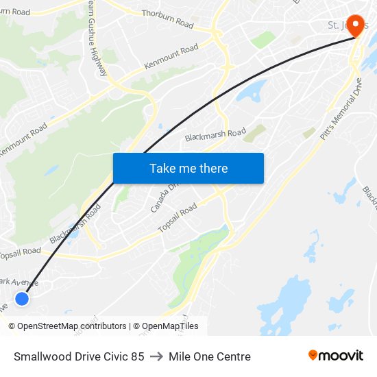 Smallwood Drive Civic 85 to Mile One Centre map