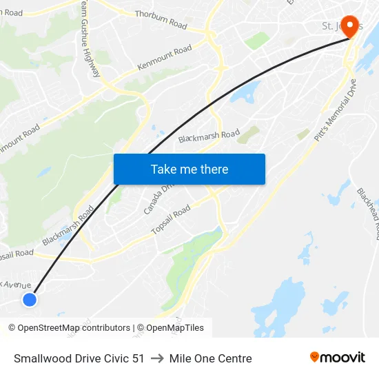 Smallwood Drive Civic 51 to Mile One Centre map