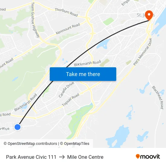 Park Avenue Civic 111 to Mile One Centre map