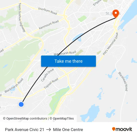 Park Avenue Civic 21 to Mile One Centre map