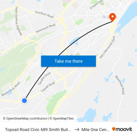 Topsail Road Civic 689 Smith Building to Mile One Centre map