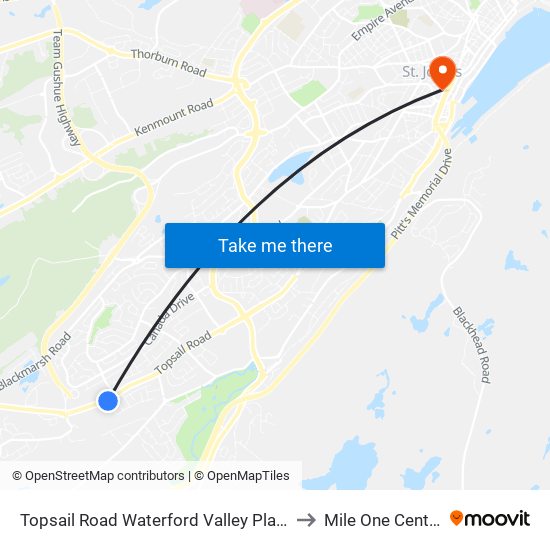 Topsail Road Waterford Valley Plaza to Mile One Centre map