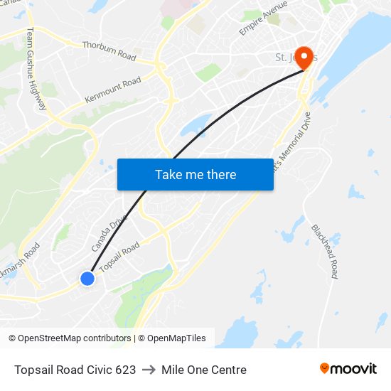 Topsail Road Civic 623 to Mile One Centre map