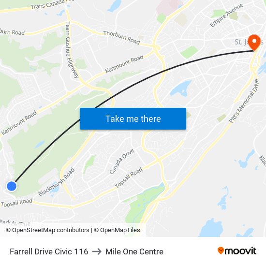 Farrell Drive Civic 116 to Mile One Centre map