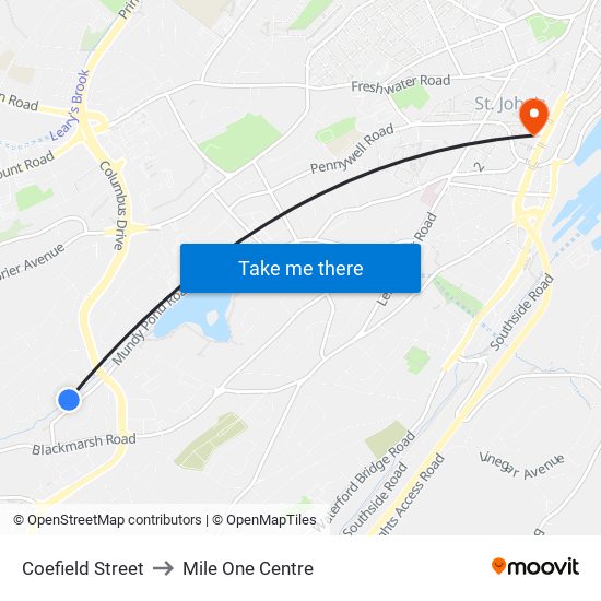 Coefield Street to Mile One Centre map