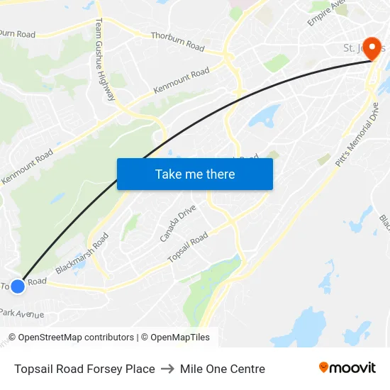 Topsail Road Forsey Place to Mile One Centre map