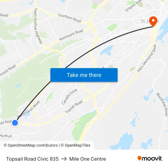 Topsail Road Civic 835 to Mile One Centre map