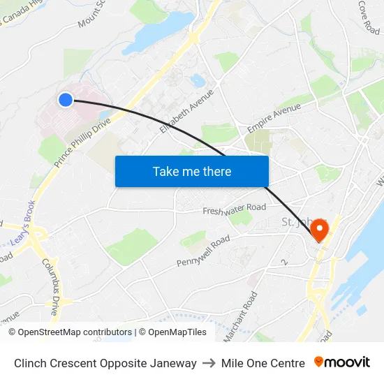 Clinch Crescent Opposite Janeway to Mile One Centre map