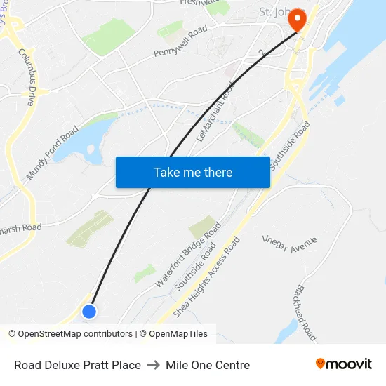 Road Deluxe Pratt Place to Mile One Centre map