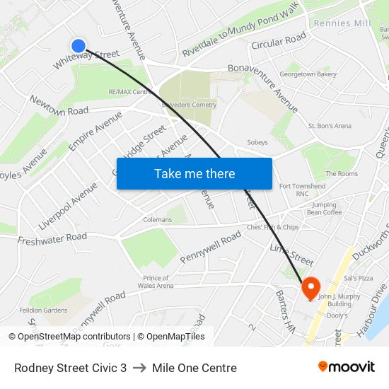 Rodney Street Civic 3 to Mile One Centre map