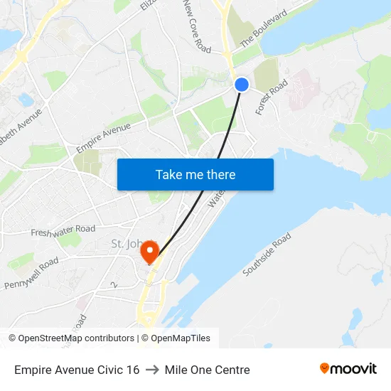 Empire Avenue Civic 16 to Mile One Centre map