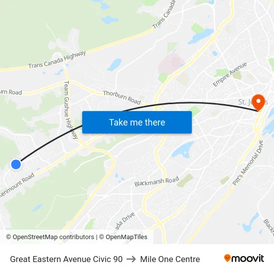 Great Eastern Avenue Civic 90 to Mile One Centre map