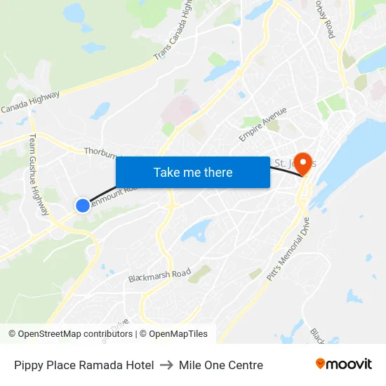 Pippy Place Ramada Hotel to Mile One Centre map