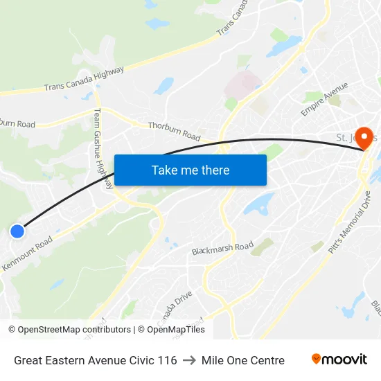 Great Eastern Avenue Civic 116 to Mile One Centre map