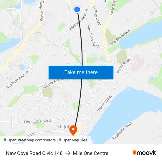 New Cove Road Civic 148 to Mile One Centre map