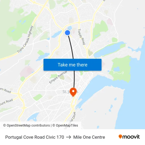 Portugal Cove Road Civic 170 to Mile One Centre map