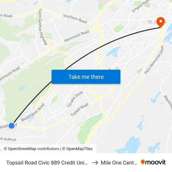 Topsail Road Civic 889 Credit Union to Mile One Centre map