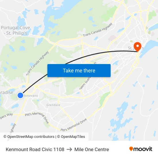 Kenmount Road Civic 1108 to Mile One Centre map