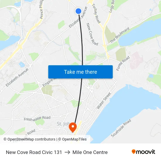 New Cove Road Civic 131 to Mile One Centre map