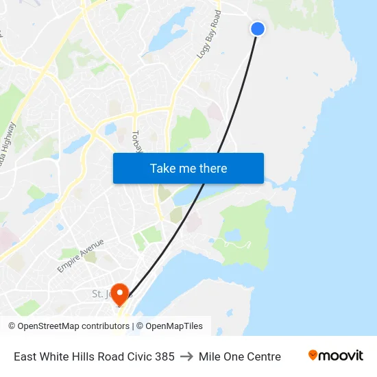 East White Hills Road Civic 385 to Mile One Centre map
