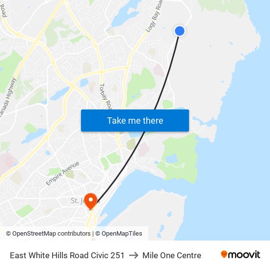 East White Hills Road Civic 251 to Mile One Centre map