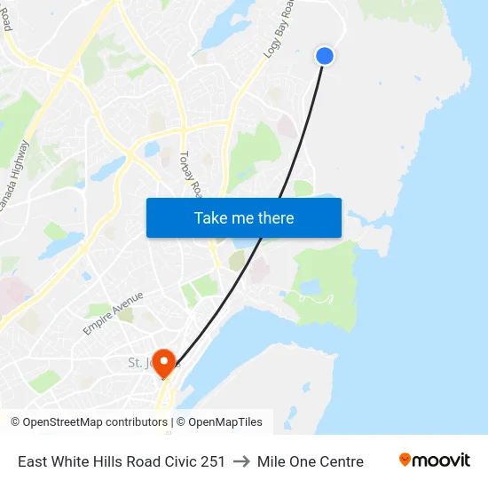East White Hills Road Civic 251 to Mile One Centre map