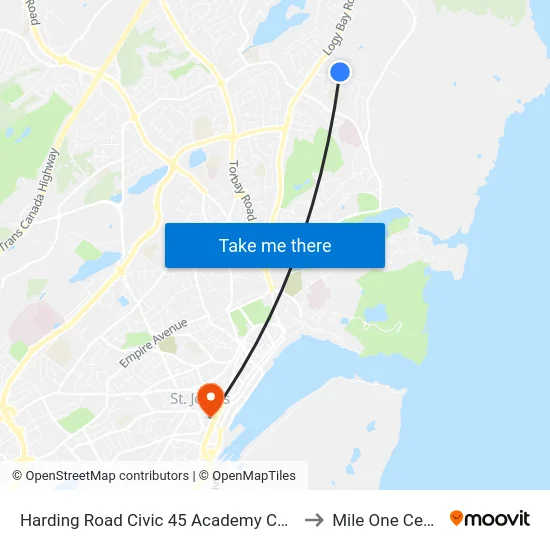 Harding Road Civic 45 Academy Canada to Mile One Centre map