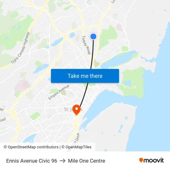 Ennis Avenue Civic 96 to Mile One Centre map