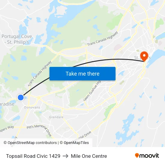 Topsail Road Civic 1429 to Mile One Centre map
