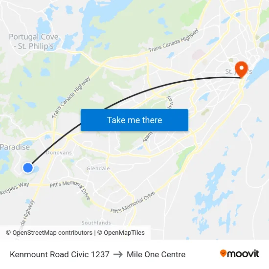 Kenmount Road Civic 1237 to Mile One Centre map