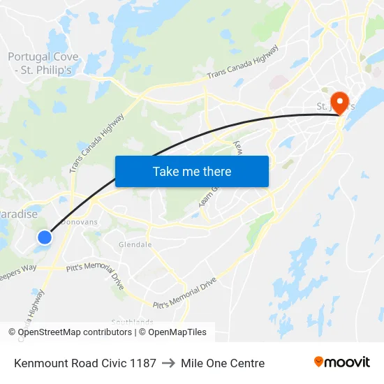 Kenmount Road Civic 1187 to Mile One Centre map