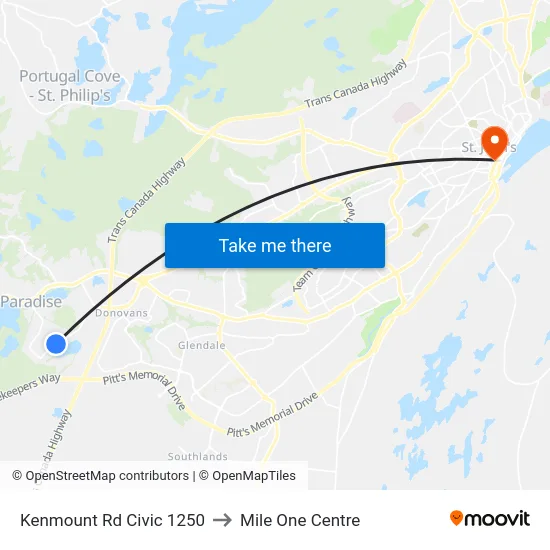 Kenmount Rd Civic 1250 to Mile One Centre map