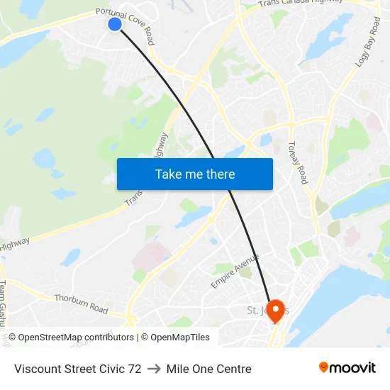 Viscount Street Civic 72 to Mile One Centre map