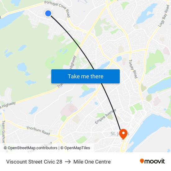 Viscount Street Civic 28 to Mile One Centre map