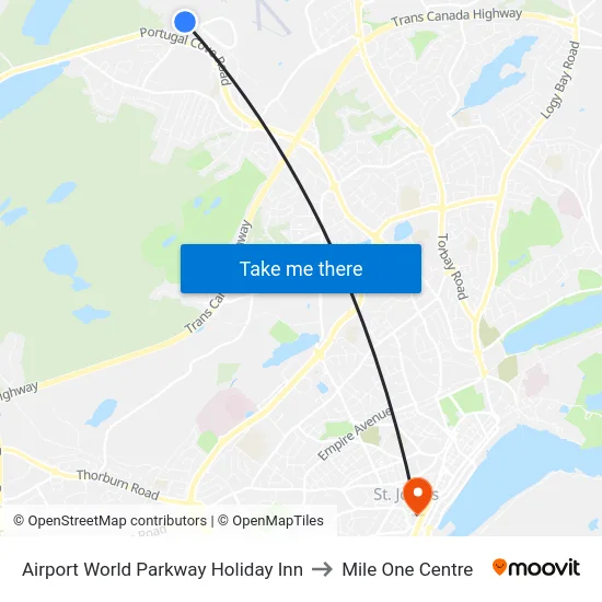 Airport World Parkway Holiday Inn to Mile One Centre map