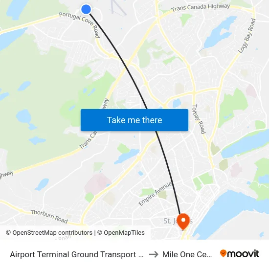 Airport Terminal Ground Transport Road to Mile One Centre map