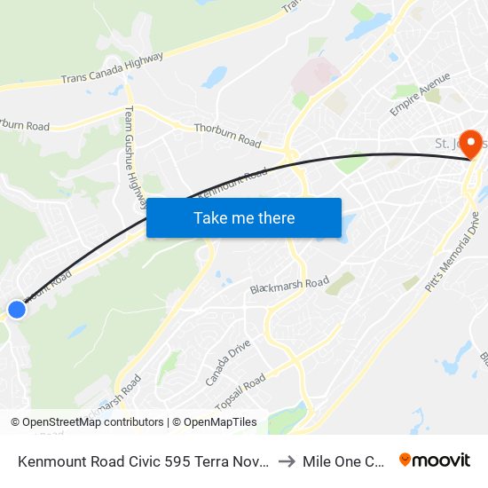 Kenmount Road Civic 595 Terra Nova Motors to Mile One Centre map