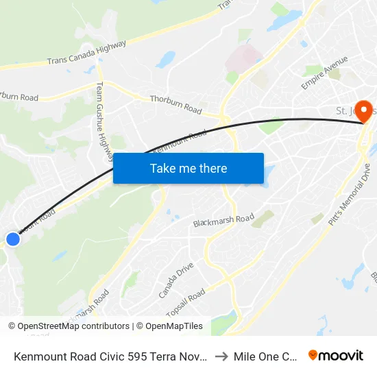 Kenmount Road Civic 595 Terra Nova Motors to Mile One Centre map