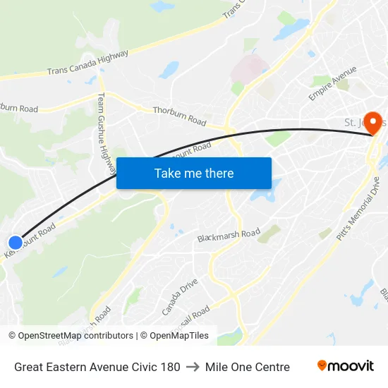 Great Eastern Avenue Civic 180 to Mile One Centre map