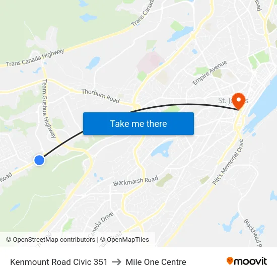 Kenmount Road Civic 351 to Mile One Centre map