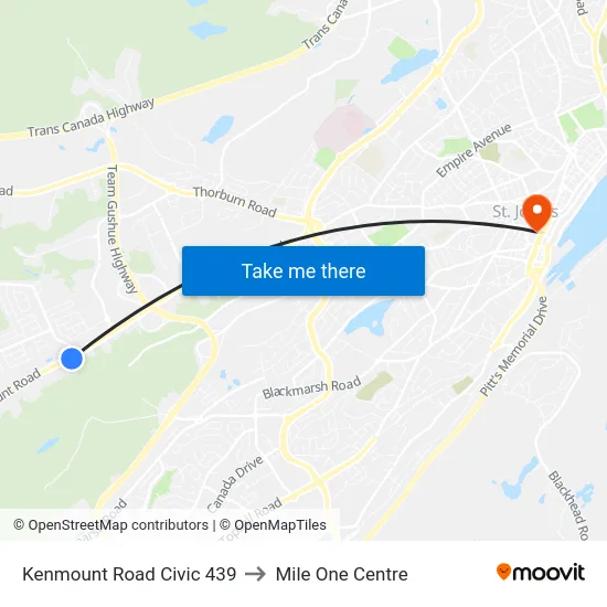 Kenmount Road Civic 439 to Mile One Centre map