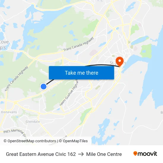 Great Eastern Avenue Civic 162 to Mile One Centre map