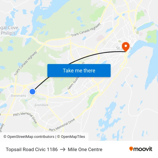 Topsail Road Civic 1186 to Mile One Centre map