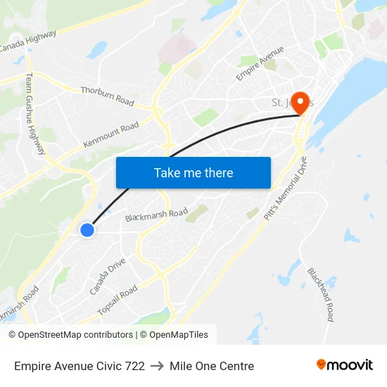Empire Avenue Civic 722 to Mile One Centre map