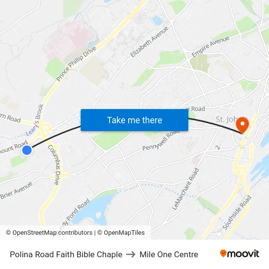 Polina Road Faith Bible Chaple to Mile One Centre map