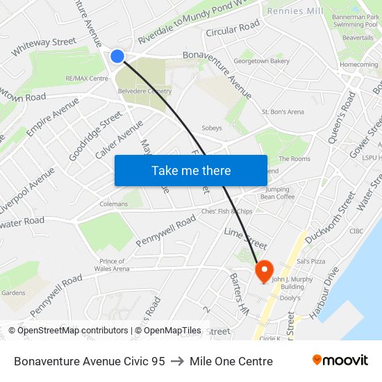 Bonaventure Avenue Civic 95 to Mile One Centre map