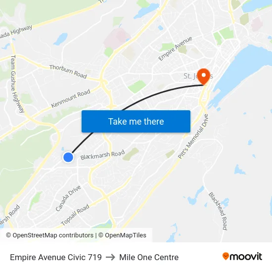 Empire Avenue Civic 719 to Mile One Centre map