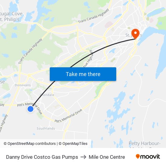 Danny Drive Costco Gas Pumps to Mile One Centre map