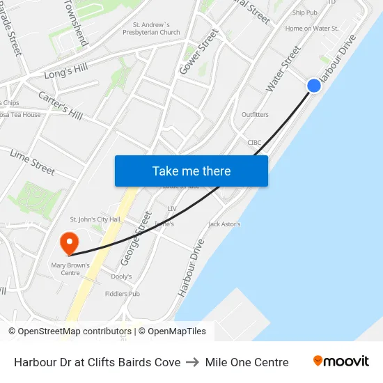 Harbour Dr at Clifts Bairds Cove to Mile One Centre map